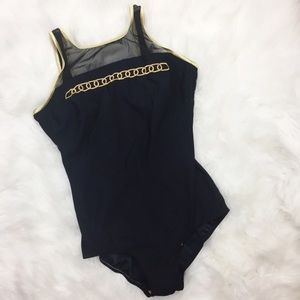 VINTAGE Swimsuit Black Gold Detail Mesh Neck